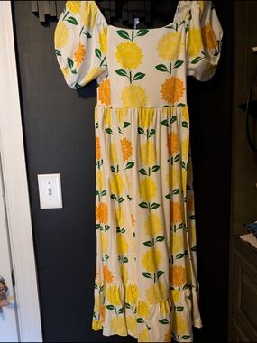 m+a Lounge White Maxi Dress with Yellow Sunflower Print